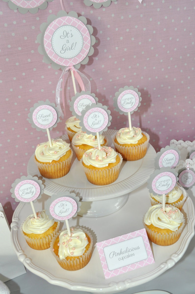 Girls Baby Shower Cupcake Toppers Pink and Gray Girl Baby Shower Decorations Baby Shower Decorations Set of 12 image 2