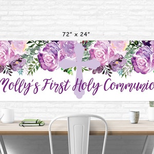 First Holy Communion Banner Girl, 1st Communion Party Decorations, Purple Floral Communion Banner Printed & Shipped image 5