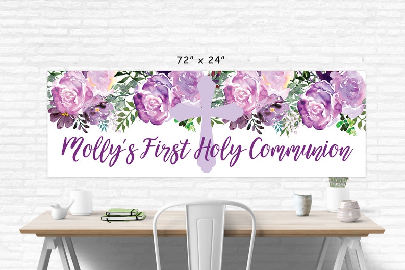 First Holy Communion Banner Girl, 1st Communion Party Decorations, Purple Floral Communion Banner Printed & Shipped image 5