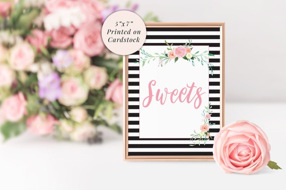 Sweets Sign 5x7 Print Bridal Shower Sign, Sweets Treat Table Wedding Sign, Baby Shower Sign, Black Pink Floral PRINTED & SHIPPED! Il_570xn