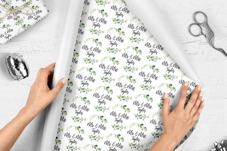 Wedding Wrapping Paper Greenery Leaf, Personalized Wedding Gift Wrap Sheets, Unique Present Wrapping Paper Bridal Shower image 2