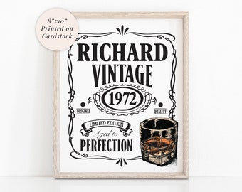 May include: Black and white printable 8x10 inch poster with the text "Richard Vintage 1972" and "Limited Edition Aged to Perfection" in a vintage style label design. A glass of whiskey is depicted on the right side of the poster.