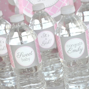 Girls Baby Shower Water Bottle Labels - It&#39;s A Girl Baby Shower Decorations - Pink and Gray - Set of 10