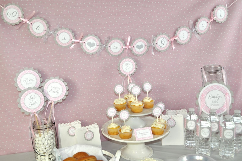 Girls Baby Shower Cupcake Toppers Pink and Gray Girl Baby Etsy