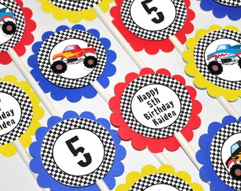 Monster Truck Cupcake Toppers Boys Monster Truck Racing Birthday Party Decorations - Set of 12