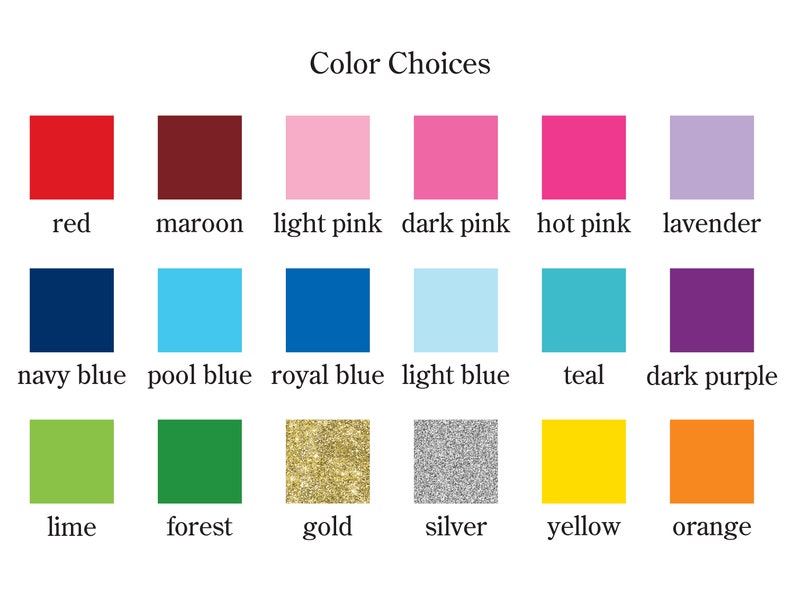 Op de afbeelding: Kleurenkaart met 18 verschillende kleurstalen. De kleuren omvatten rood, donkerrood, lichtroze, donkerroze, roze, lavendel, donkerblauw, zwembadblauw, koninklijkblauw, lichtblauw, teal, donkerpaars, limoen, bosgroen, goud, zilver, geel en oranje.