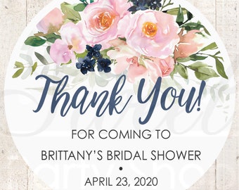 Bridal Shower Sticker Favors Pink Blush Navy Floral Wedding Favor Stickers, Thank You Stickers, Wedding Favor Sticker Labels - Set of 24