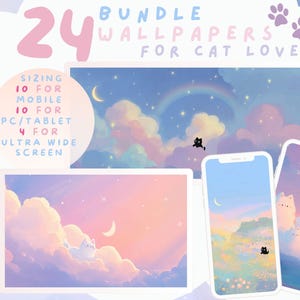 以下が含まれることがあります： 猫好きのための24枚のデジタル壁紙のバンドル。夢のようなパステルカラーの空、虹、月、星が特徴です。壁紙は、モバイル、PC/タブレット、ウルトラワイドスクリーン向けに設計されています。画像には「Cuddly Cloud」というロゴが含まれています。