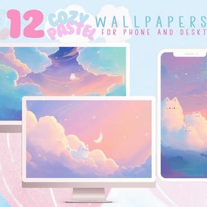 May include: A set of 12 cozy pastel wallpapers for phone and desktop featuring a pink, blue, and purple sky with clouds and stars. The image shows a phone and a computer screen displaying the wallpapers.