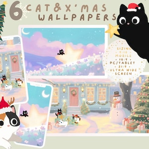 Pode incluir: Imagem de arte digital com seis papéis de parede de gatos com tema natalino. Os papéis de parede retratam gatos em uma cena de inverno com uma casa, uma árvore de Natal e um boneco de neve. A imagem inclui o texto "6 CAT & X'MAS WALLPAPERS".