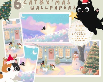 May include: A digital art image featuring six Christmas-themed cat wallpapers. The wallpapers depict cats in a winter scene with a house, Christmas tree, and snowman. The image includes the text "6 CAT & X'MAS WALLPAPERS" and sizing information for mobile and PC/tablet screens.