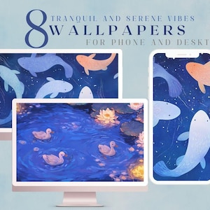 May include: A set of 8 digital phone and desktop wallpapers featuring a tranquil blue water scene with white ducks and lily pads. The text "Tranquil and Serene Vibes" and "8 Wallpapers" is displayed at the top of the image.