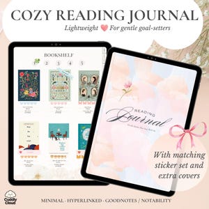 Op de afbeelding: Twee digitale tablets met een "Cozy Reading Journal". Eén toont een boekenplankindeling met boekomslagen. De andere toont de omslag van het tijdschrift met de tekst "Reading Journal". Inclusief een bijpassende sticker set en extra covers.