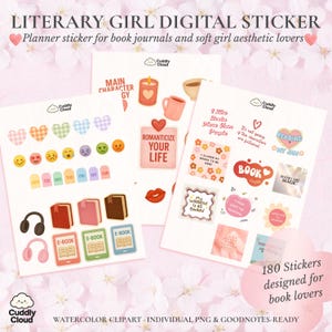 180 Digital Book Journal Stickers | Genre Tags, Book Lover Quotes, Literary Girl Aesthetic | PNG Stickers for GoodNotes & Notability