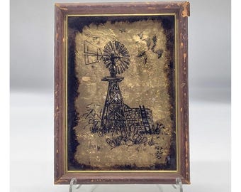 Vintage 1977 Gold Foil Reverse Glass Windmill Folk Art Signed Pat Gill