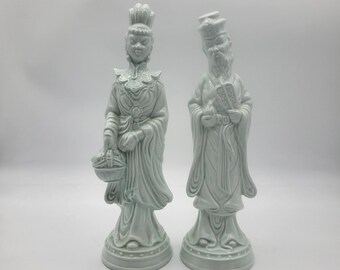Vtg Kwan Yin Male & Female Quad Asian God Goddess Statue 13" Mint Green Glossy