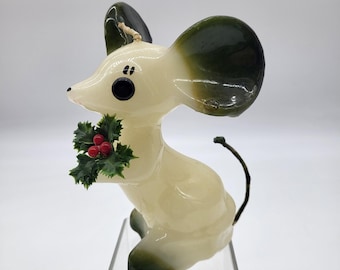 Vintage Lorelei Glossy Wax Mouse Candle Holly Christmas Holiday Decor 5.75" Tall