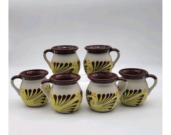 Lot Of 6 Mexican Hand Painted Clay Mugs Cantaritos Glazed Rim & Interior