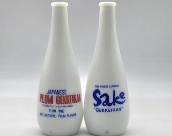 Vintage Gekkeikan White Milk Glass Bottles Plum Wine & SAKE Empty