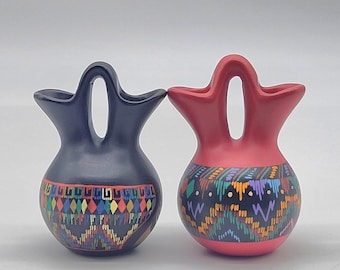 Vintage Navajo Wedding Vases Mata Ortiz Style Southwest Hand Painted Set Of 2