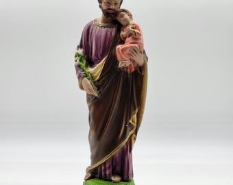 St. Joseph & Child Jesus Religious Statue Italian Hand Painted Chalkware 12"