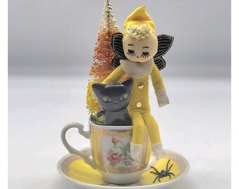 Vintage Halloween Assemblage Art Avon 1985 Germany Pixie Elf Teacup Saucer