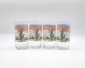 Vintage 80's Southwest Style Saguaro Cactus And Adobe House Drinking Glasses