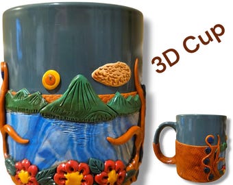 Unique Handmade Polymer Clay 3D Mountain Scene Green Ceramic Coffee Cup Mug