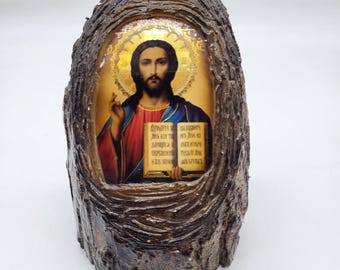 VTG Heilige Ikone Jesus Christus Pantokrator Glas Bild Auf Harz Holz Stump 18,8 cm