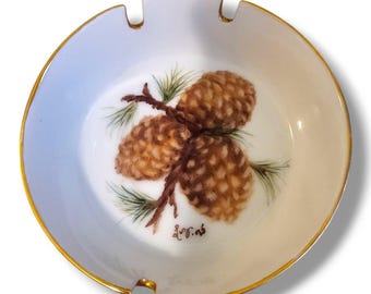1975 Vintage Porcelain Ashtray With Pine Cone Design & Gold Trim Artist Signed