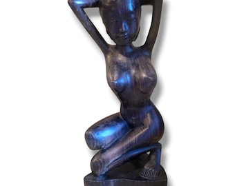 Vintage Wood Hand Carved Kneeling Woman with Hands In Her Hair Sculpture 12"