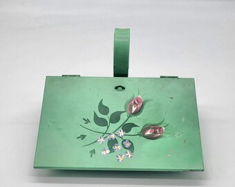 Vintage Teal Silent Butler Or Crumb Catcher With A Hand Painted Floral Pattern