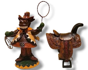 Cowboy Horse With Lasso & Saddle Resin Western Christmas Ornaments Set Of 2