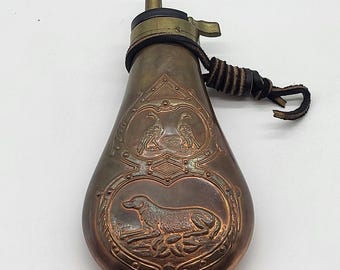 Vtg Copper Decorative Gun Powder Flask With Dog & Pheasant For Muzzle Loading