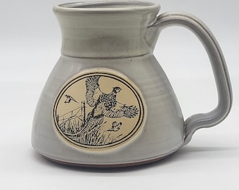 Deneen Pottery Hand Thrown White Glazed Mug Pheasant Medallion Limited Edition