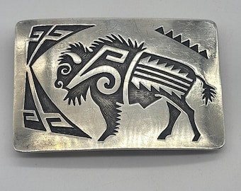 Navajo Artist Montano Gibbson "GIBB" Sterling Silver Etched Buffalo Belt Buckle