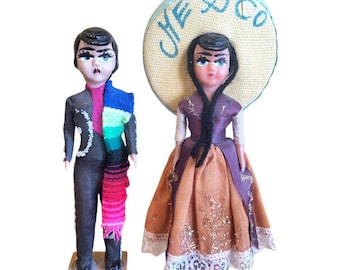 Vintage Mexican Souvenir Dolls Man & Woman With Hand Painted Face
