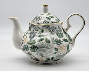 Christmas Elegance Teapot White, Green, Gold Winter Pinecones Berries