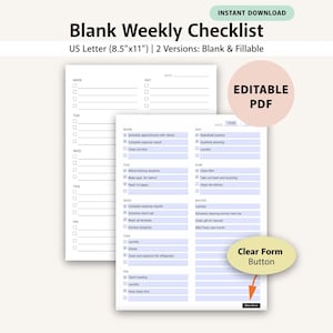 Easy To Use Blank Weekly Checklist with Erase Feature, PDF, Digital Download, To Do List, Fillable, Editable, Simple, Basic, Minimal, Reuse