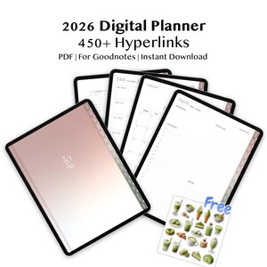 使いやすい2026年デジタルプランナー。Goodnotes、学生、プロフェッショナル向けの450以上のハイパーリンク付き。PDFダウンロード、シンプル、ベーシック、月曜・日曜スタート。