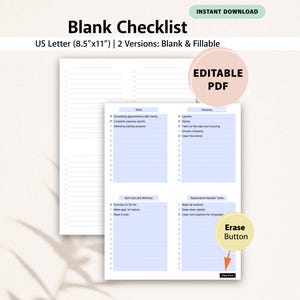 Easy To Use Blank Checklist with Erase Feature, Digital Download, Printable, PDF, Blank To Do List, Fillable, Editable, Basic, Simple, Reuse