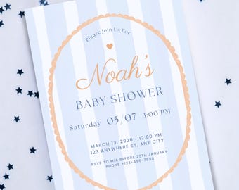 Babypartyeinladung für Jungen | Canva Vorlage | Bearbeitbare Party einladen | Digitaler Download | Blaue Streifen
