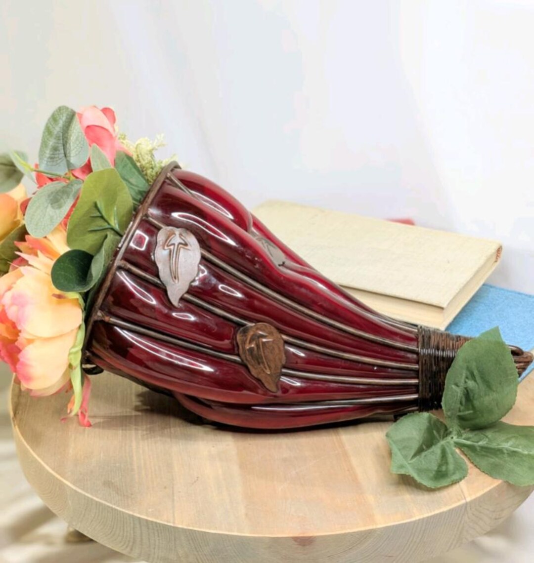 1960's Ruby Red Horn of Plenty Hand Blown Glass W/metal Cage & Leaves ...