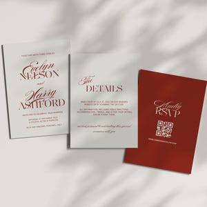 Red and Beige Wedding Invitation Set Printable Three Piece Old Money Style with QR Code Wedding Website Elegant Classic Suite 5x7