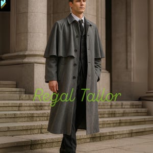Nach Maß Grauer Inverness Mantel aus Wolle - Viktorianischer Regency Mantel