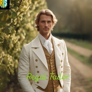 May include: A man wearing a white suit jacket with gold buttons over a brown vest and a white shirt with a white bow tie. The text "Regal Tailor" is visible in the image.