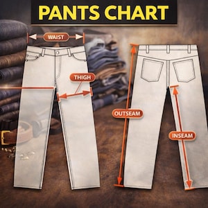 Puede incluir: Diagrama de medidas de pantalones, incluyendo cintura, muslo, largo exterior e interior. El texto "PANTS CHART" est&aacute; en la parte superior. La imagen muestra la parte delantera y trasera de unos vaqueros.
