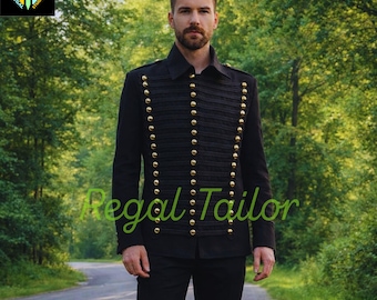 Military-Style Hussar Wool Coat with Gold Buttons  – Custom Tailored Jacket - War Outfit for Men