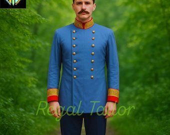 Manteau d'officier bleu régence | Uniforme de gentleman militaire vintage avec bordure dorée - Tenue historique