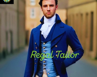 Men's Royal Blue Regency Tail Coat with Waistcoat, and Fitted Cream Breeches, 19th-Century Fashion